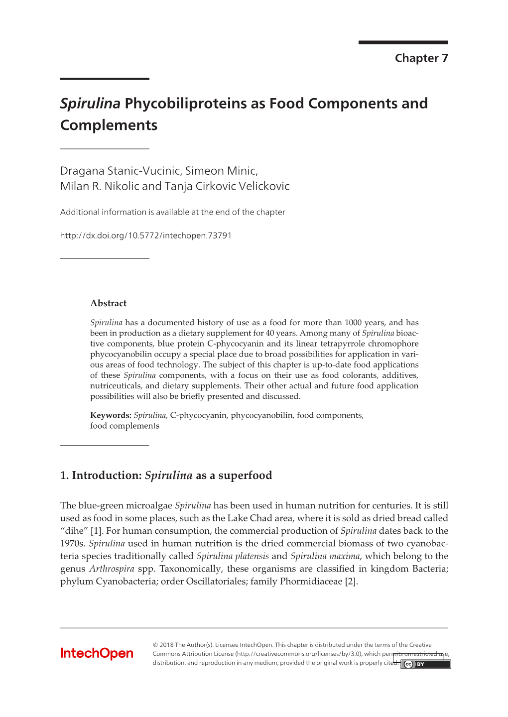 Spirulina Phycobiliproteins As Food Components and Complements