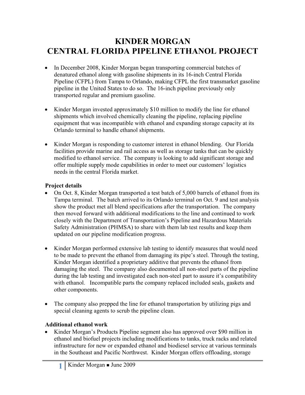 Kinder Morgan Central Florida Pipeline Ethanol Project