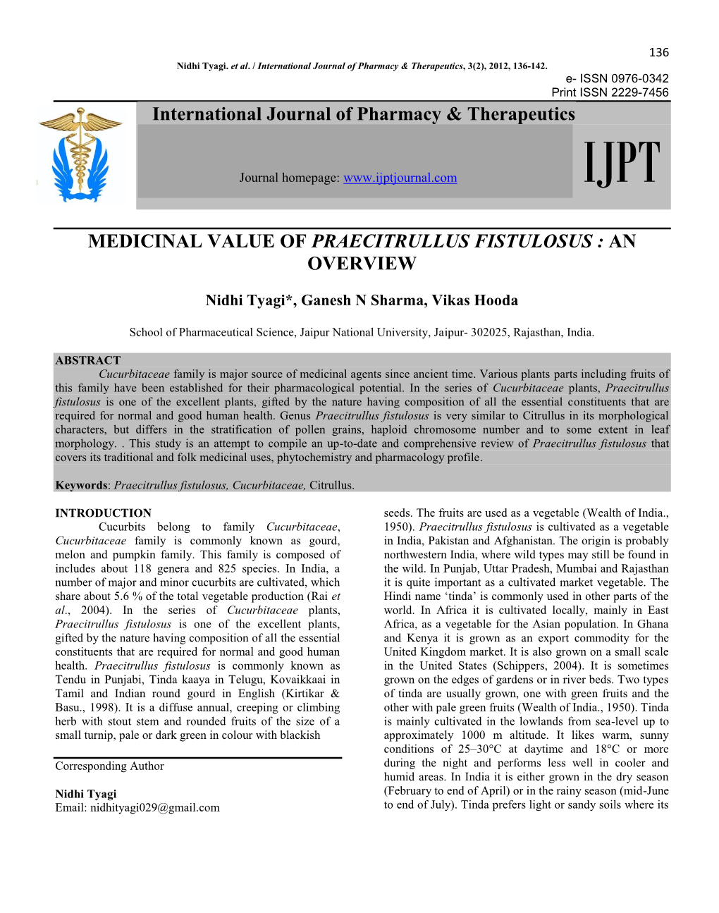 Medicinal Value of Praecitrullus Fistulosus : an Overview