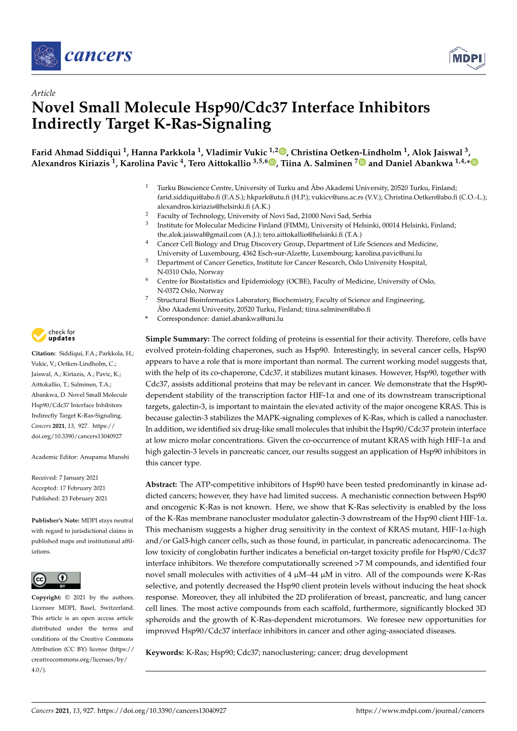 Novel Small Molecule Hsp90/Cdc37 Interface Inhibitors Indirectly Target K-Ras-Signaling