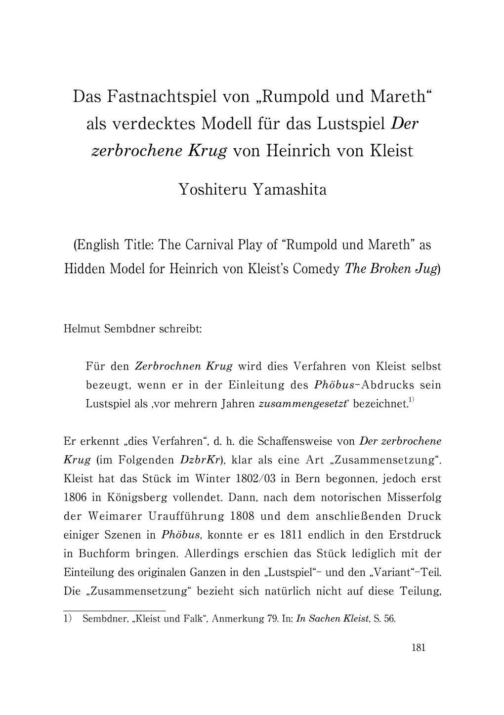 Das Fastnachtspiel Von „Rumpold Und Mareth“ Als Verdecktes Modell Für Das Lustspiel Der Zerbrochene Krug Von Heinrich Von Kleist
