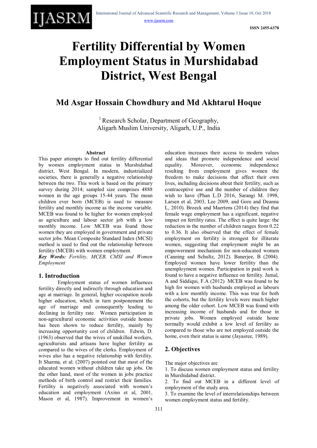 Fertility Differential by Women Employment Status in Murshidabad District, West Bengal