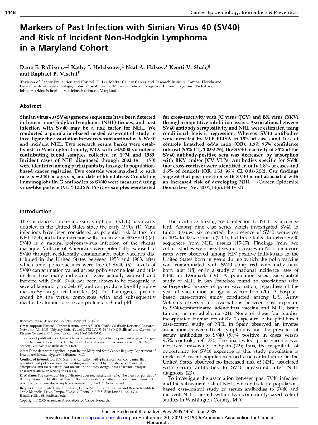 Markers of Past Infection with Simian Virus 40 (SV40) and Risk of Incident Non-Hodgkin Lymphoma in a Maryland Cohort