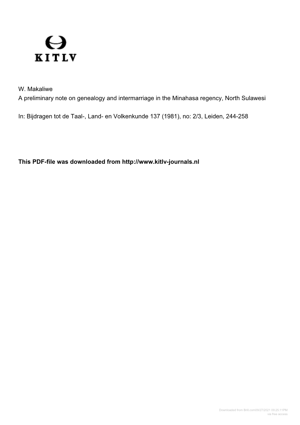 W. Makaliwe a Preliminary Note on Genealogy and Intermarriage in the Minahasa Regency, North Sulawesi