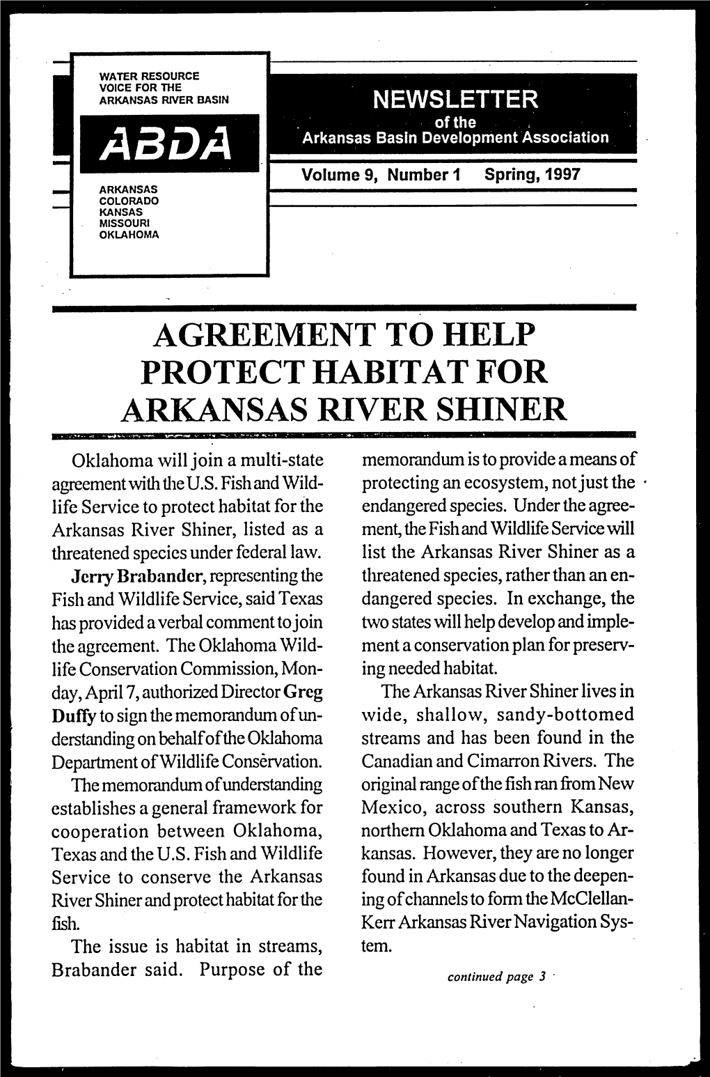 Agreement to Help Protect Habitat for Arkansas River Shiner