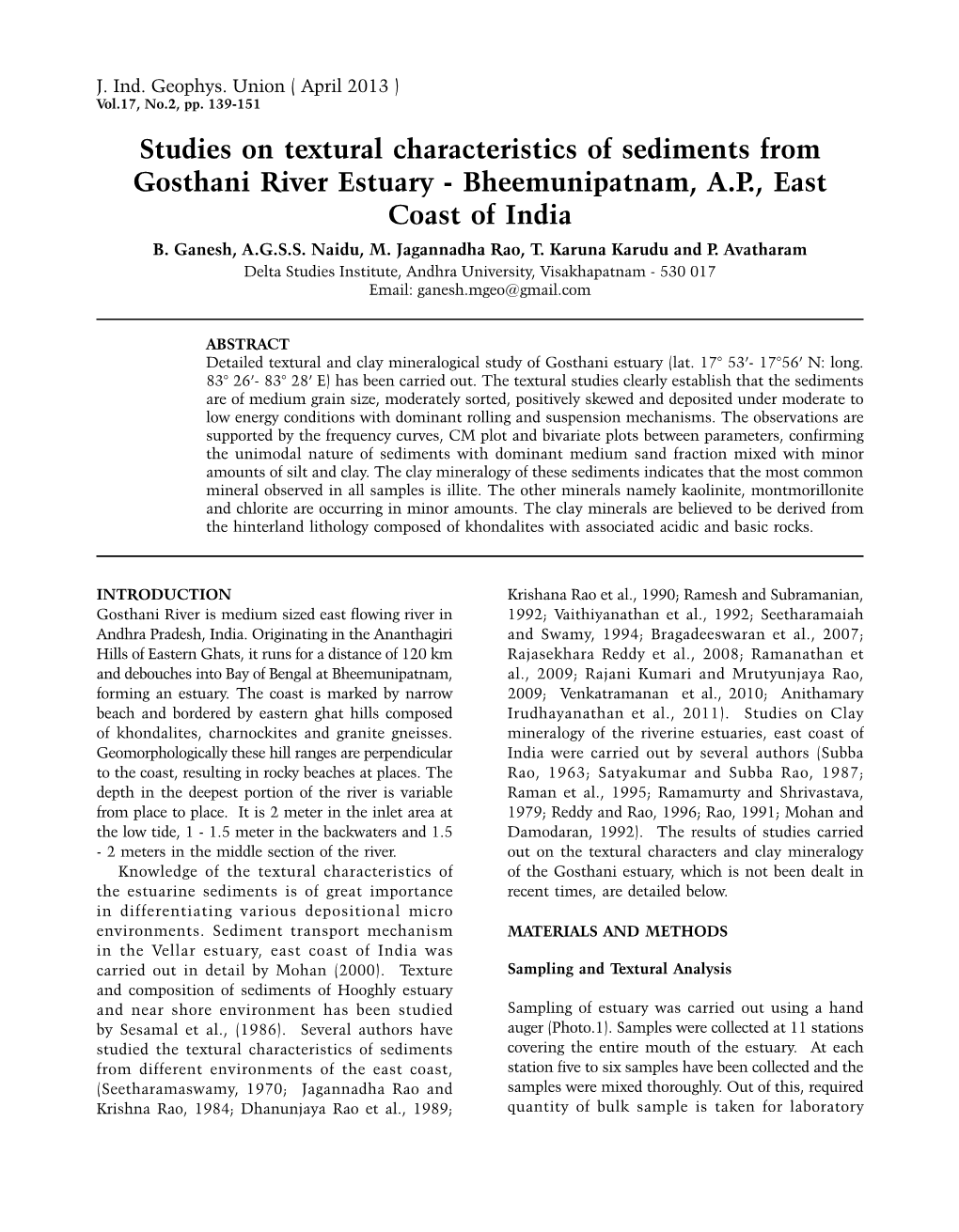 Studies on Textural Characteristics of Sediments from Gosthani River Estuary - Bheemunipatnam, A.P., East Coast of India B