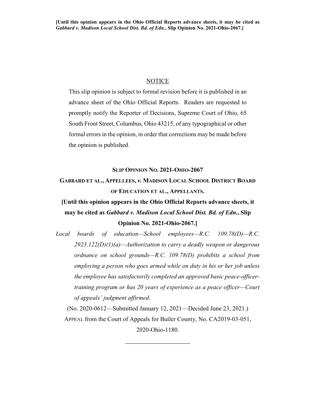 Gabbard V. Madison Local School Dist. Bd. of Edn., Slip Opinion No