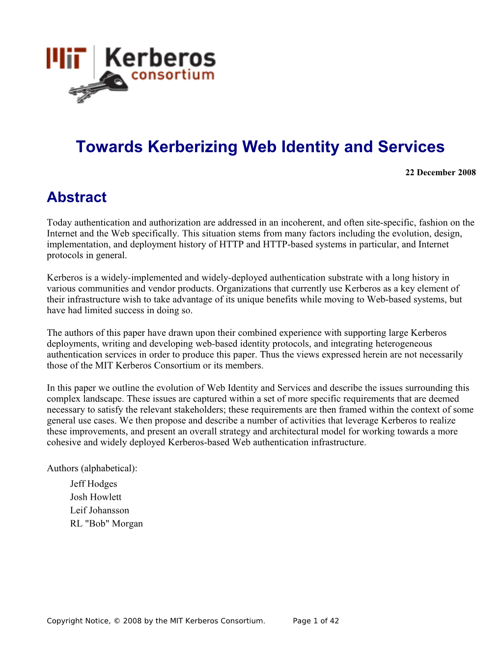 Towards Kerberizing Web Identity and Services