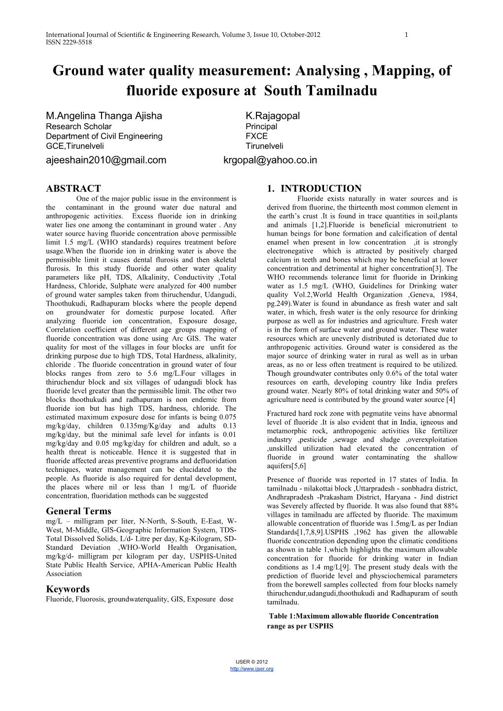 Ground Water Quality Measurement: Analysing , Mapping, of Fluoride Exposure at South Tamilnadu