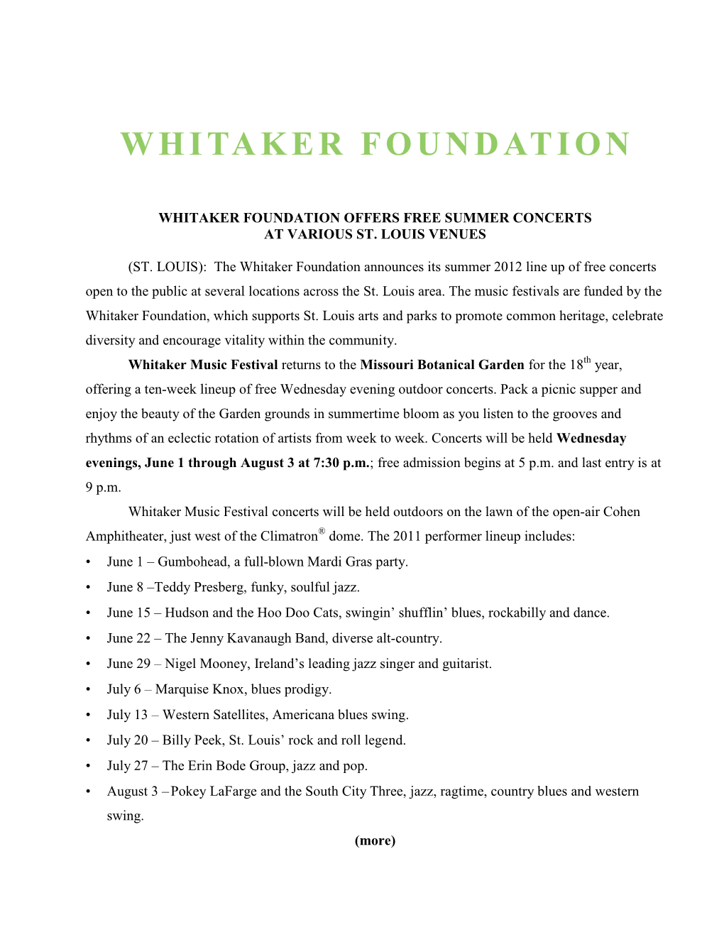 The Whitaker Foundation Announces Its Summer 2012 Line up of Free Concerts Open to the Public at Several Locations Across the St