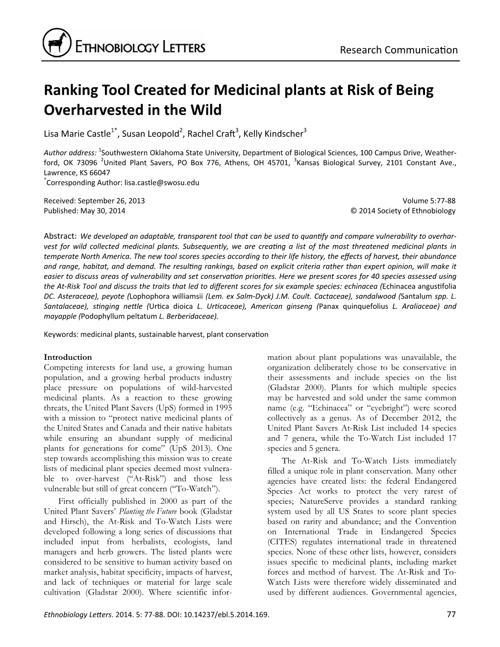 Ranking Tool Created for Medicinal Plants at Risk of Being Overharvested in the Wild