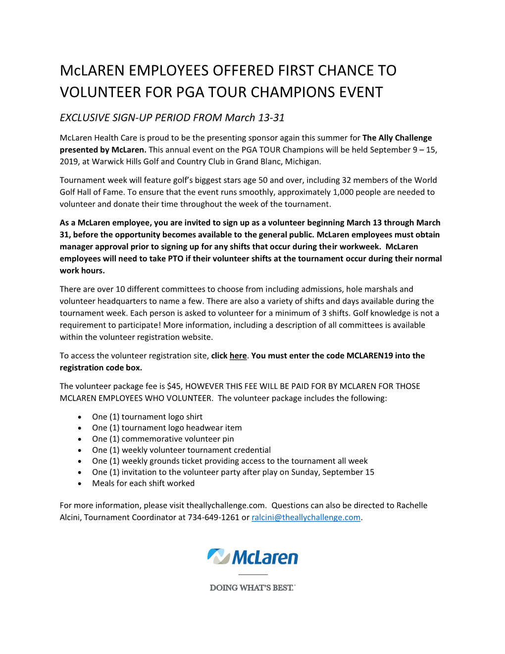 Mclaren EMPLOYEES OFFERED FIRST CHANCE to VOLUNTEER for PGA TOUR CHAMPIONS EVENT EXCLUSIVE SIGN-UP PERIOD from March 13-31