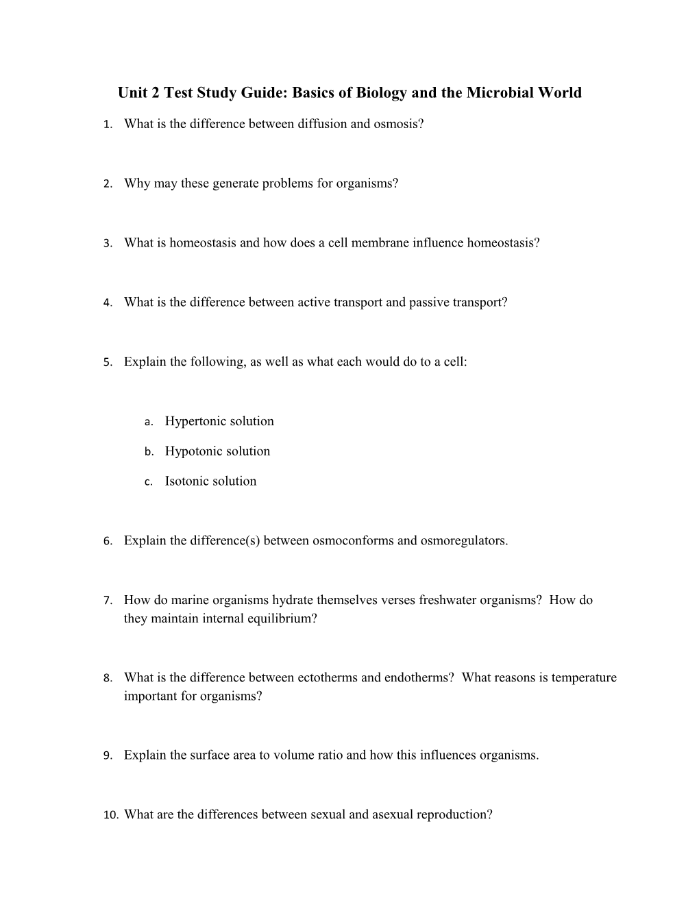 Unit 2 Test Study Guide: Basics of Biology and the Microbial World