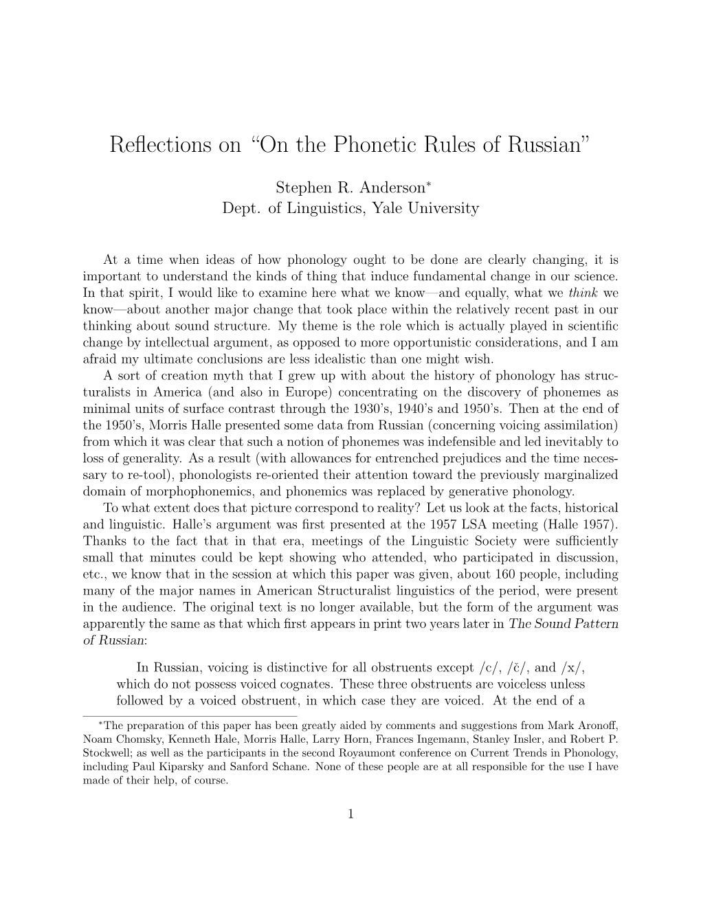 Reflections on “On the Phonetic Rules of Russian”