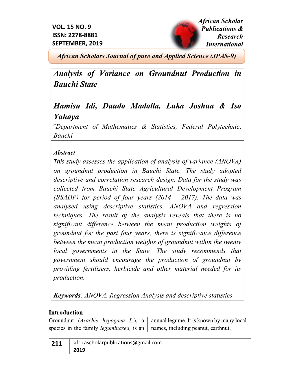 Analysis of Variance on Groundnut Production in Bauchi State Hamisu