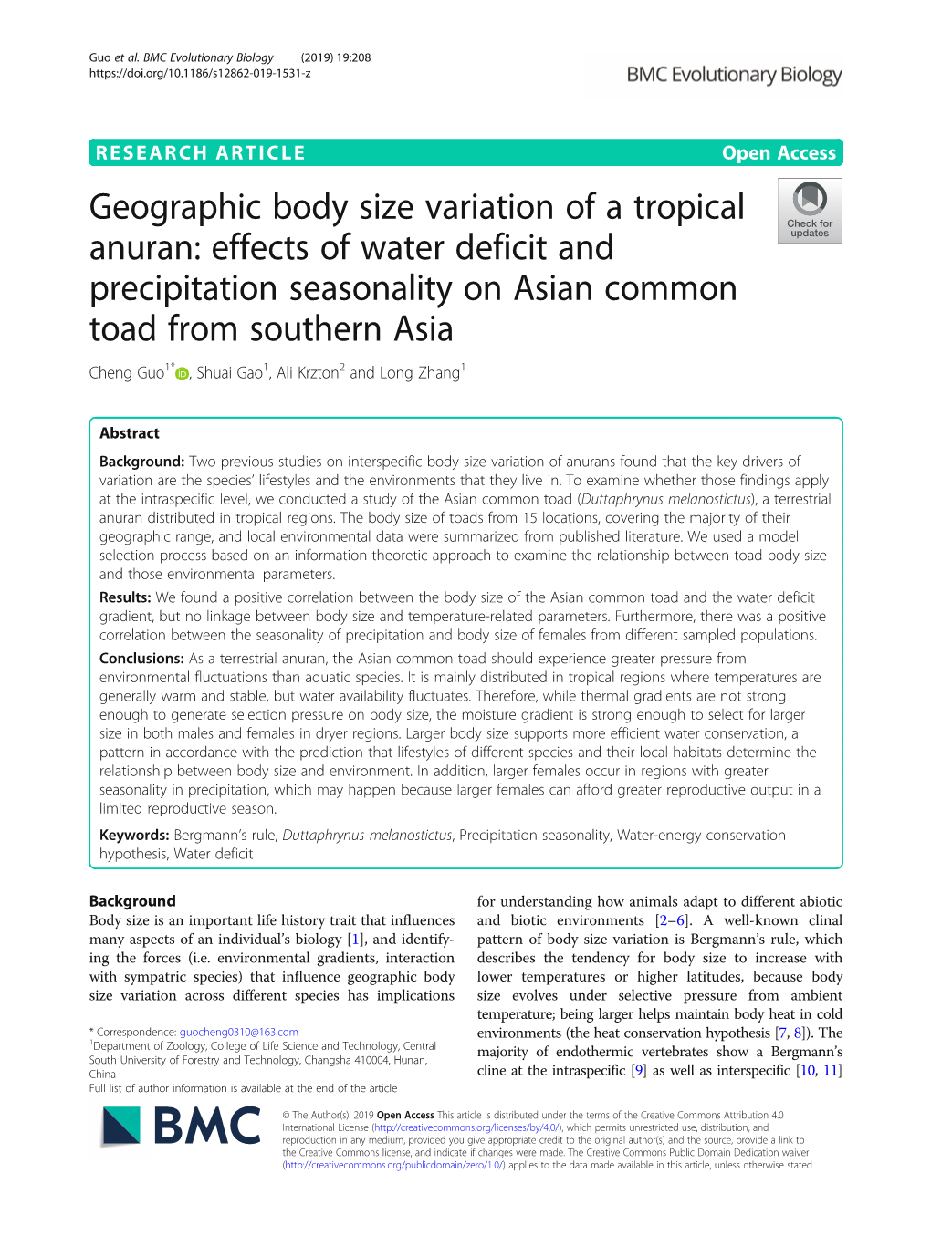 Geographic Body Size Variation of a Tropical Anuran: Effects of Water Deficit and Precipitation Seasonality on Asian Common Toad