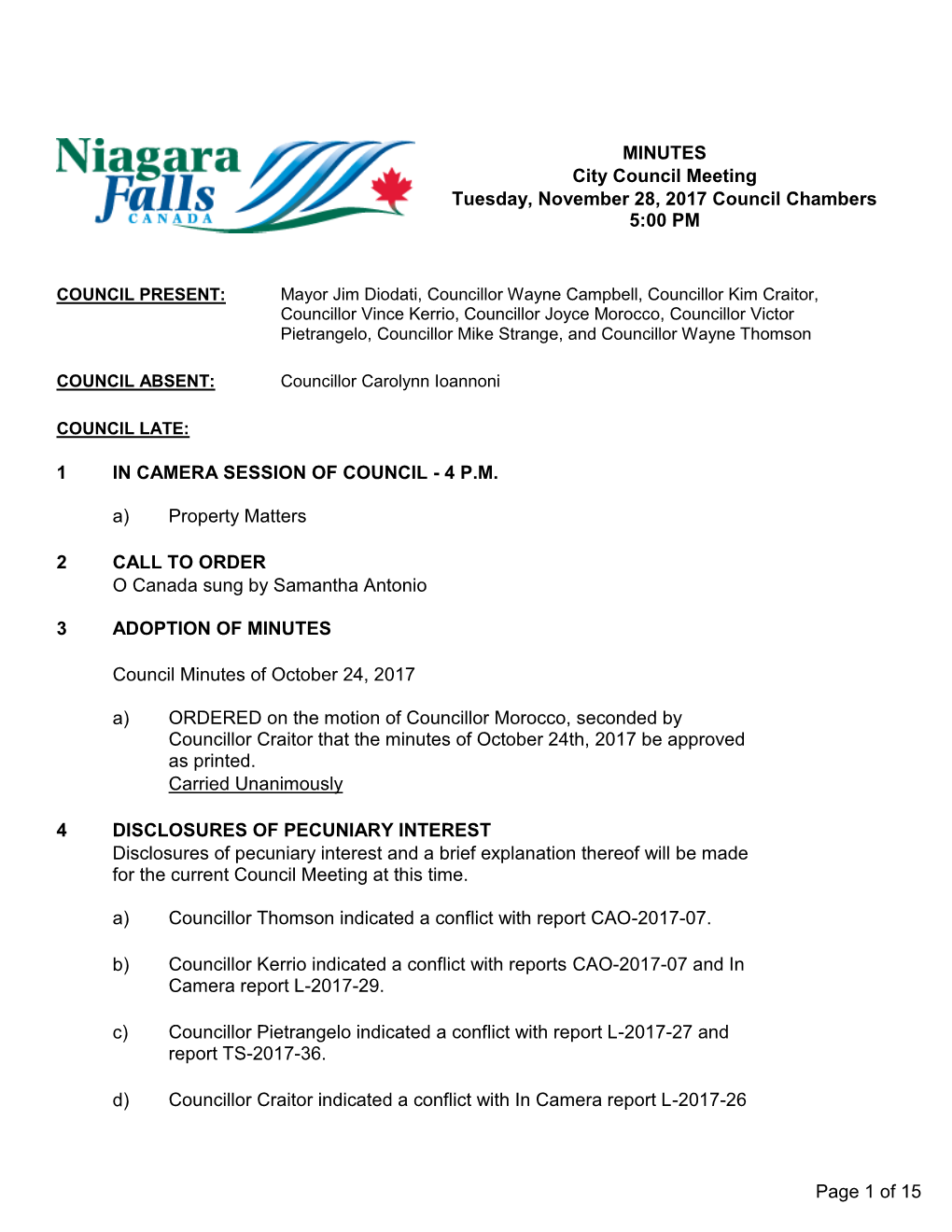 City Council Meeting Tuesday, November 28, 2017 Council Chambers 5:00 PM