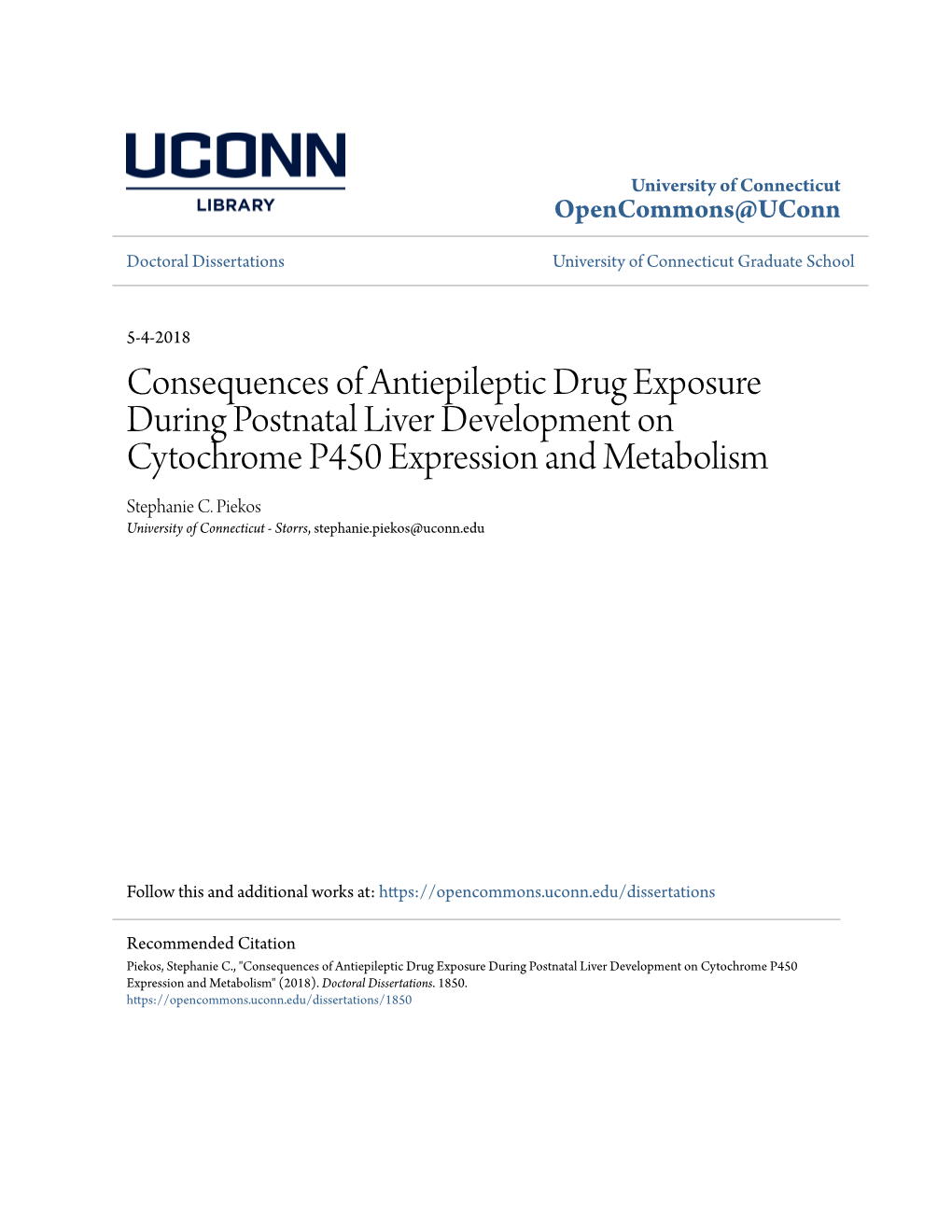 Consequences of Antiepileptic Drug Exposure During Postnatal Liver Development on Cytochrome P450 Expression and Metabolism Stephanie C