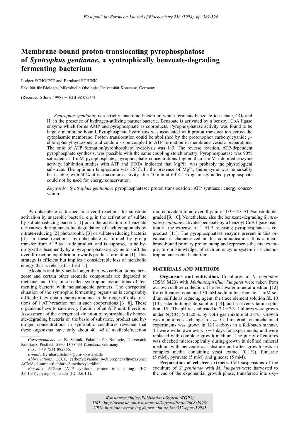 Membrane-Bound Proton-Translocating Pyrophosphatase of Syntrophus Gentianae, a Syntrophically Benzoate-Degrading Fermenting Bacterium