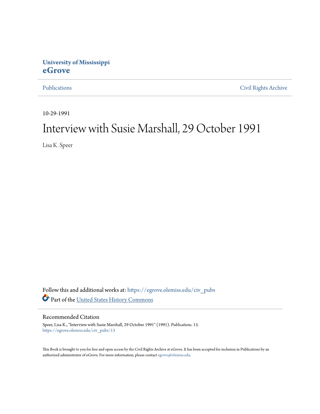 Interview with Susie Marshall, 29 October 1991 Lisa K