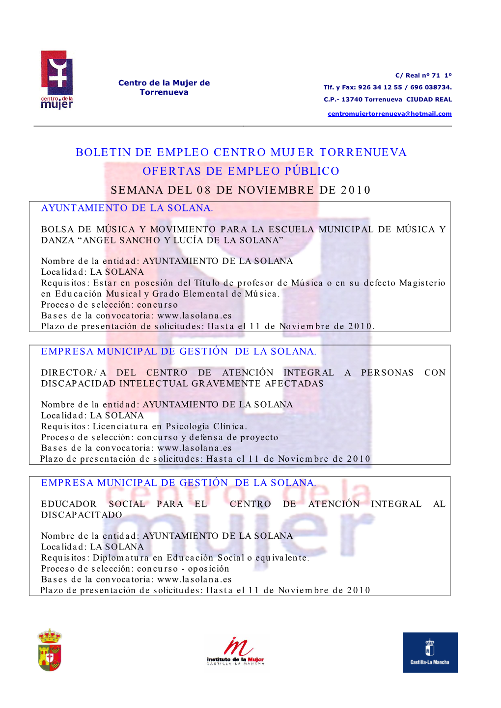 Boletin De Empleo Centro Mujer Torrenueva Ofertas De Empleo Público Semana Del 08 De Noviembre De 2010 Ayuntamiento De La Solana