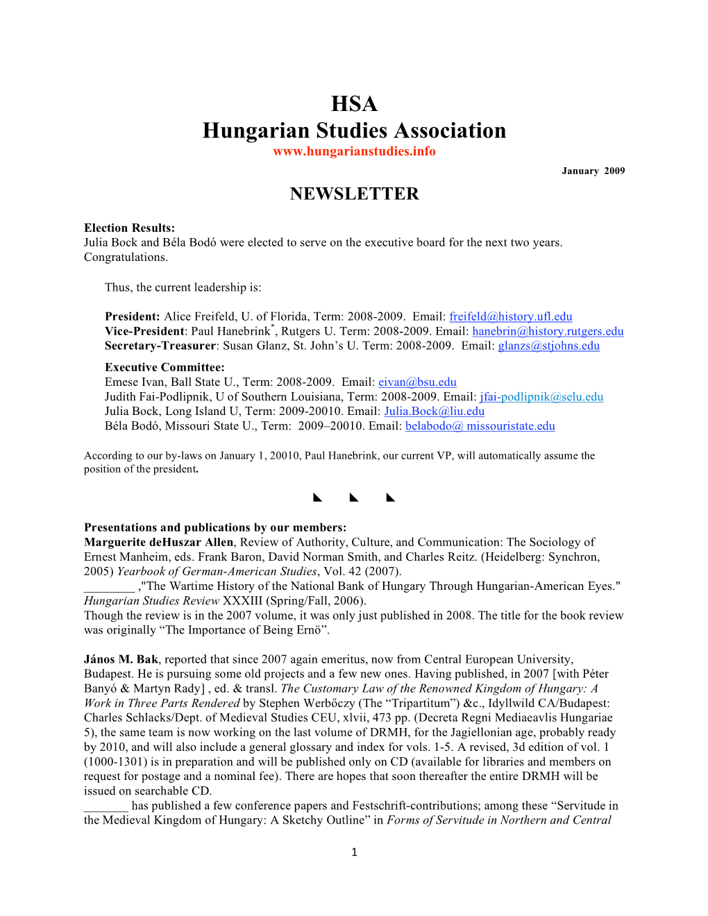 HSA January 2009 Newsletter