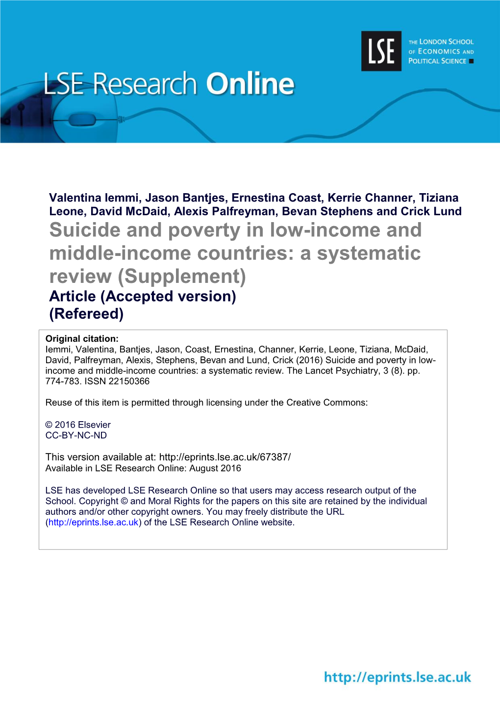 Suicide and Poverty in Low-Income and Middle-Income Countries: a Systematic Review (Supplement) Article (Accepted Version) (Refereed)