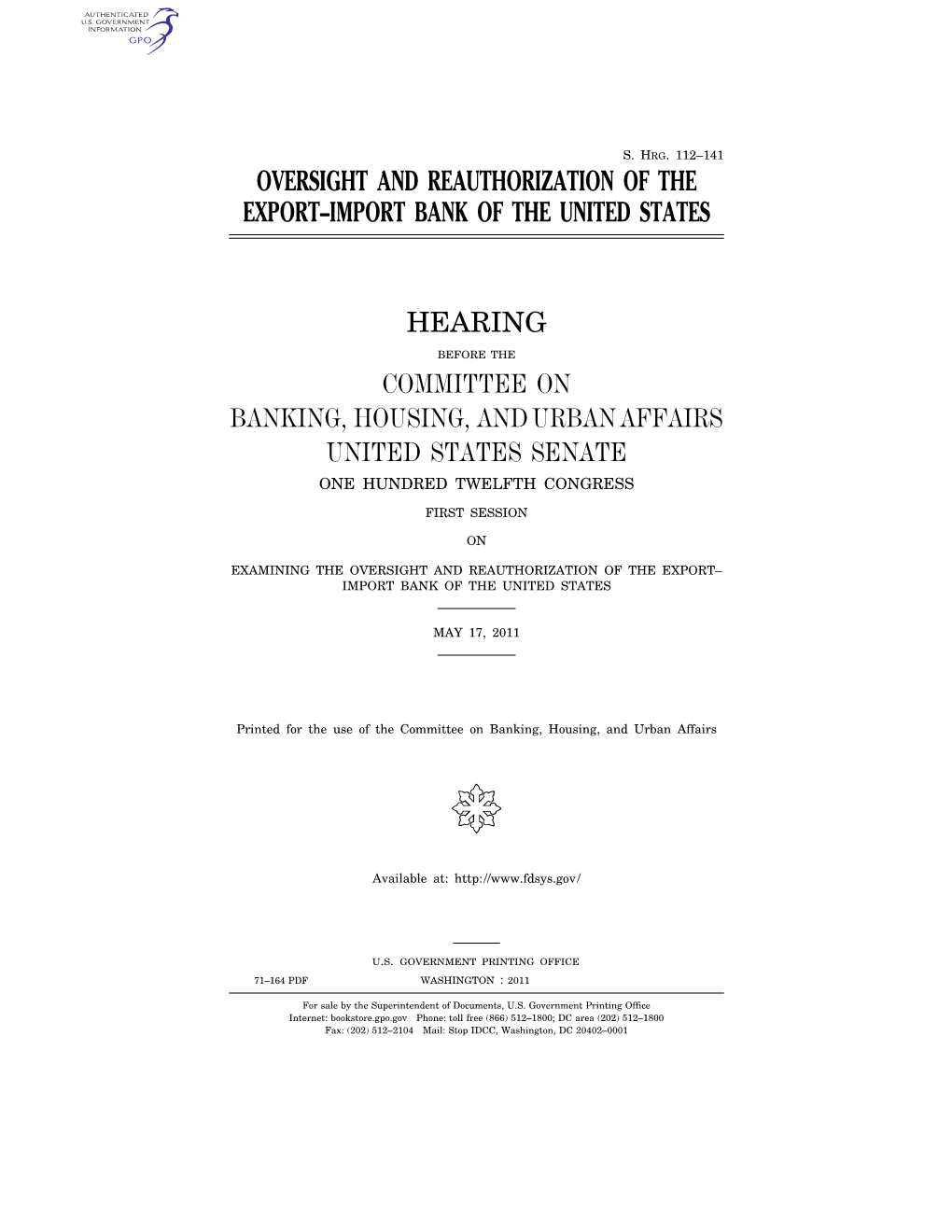 Oversight and Reauthorization of the Export–Import Bank of the United States Hearing Committee on Banking, Housing, and Urban