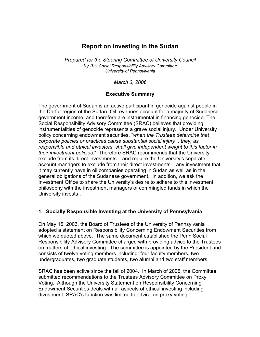 Report on Investing in the Sudan