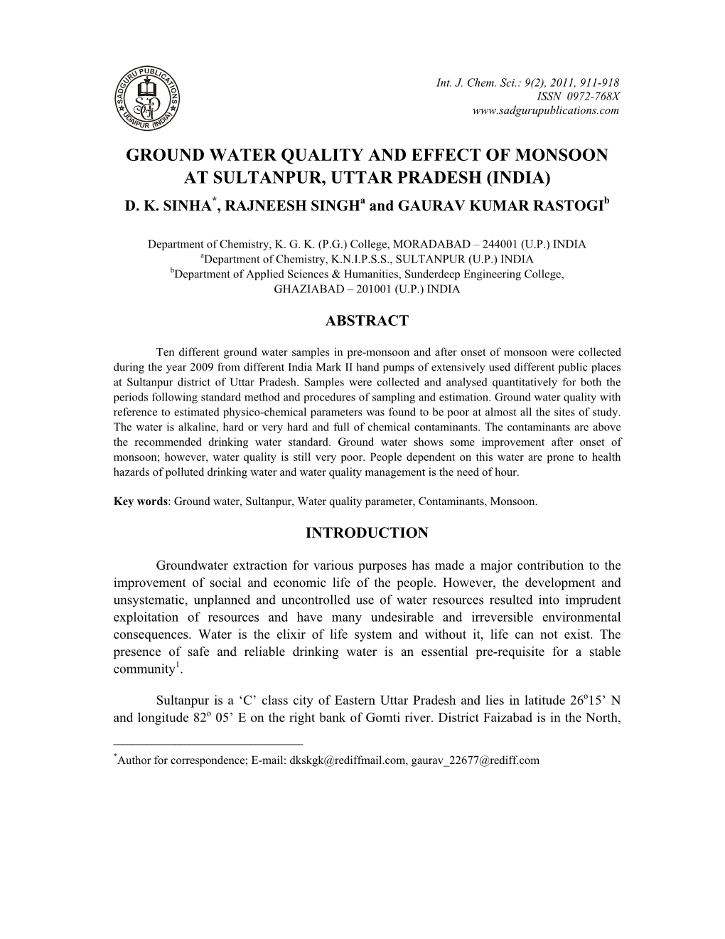 Ground Water Quality and Effect of Monsoon at Sultanpur, Uttar Pradesh (India) D