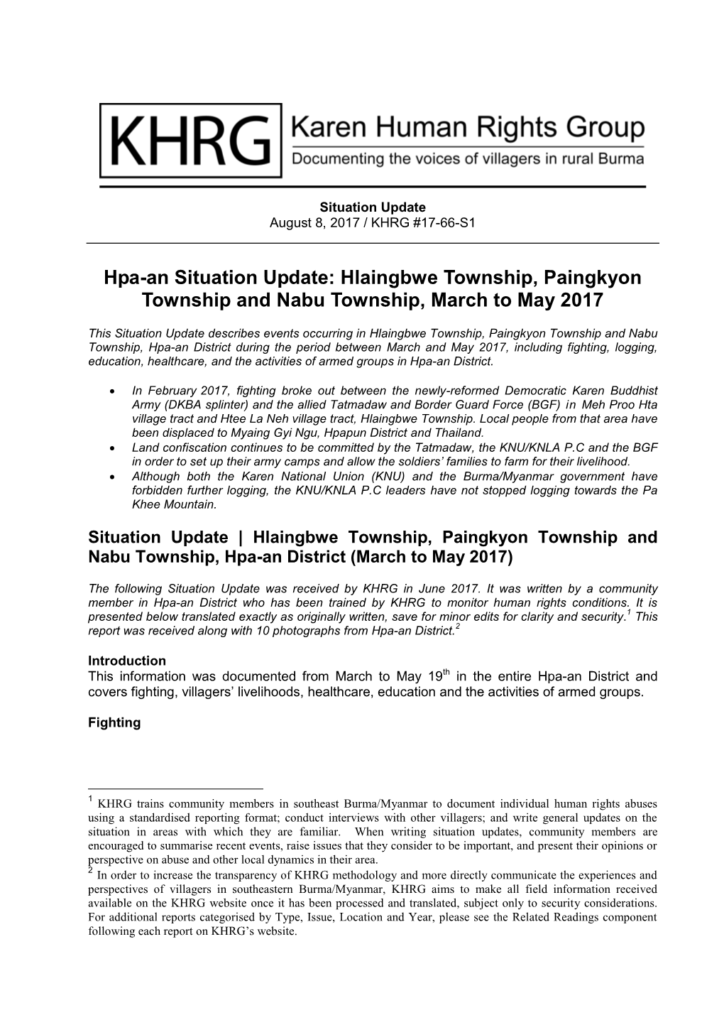 Hpa-An Situation Update: Hlaingbwe Township, Paingkyon Township and Nabu Township, March to May 2017
