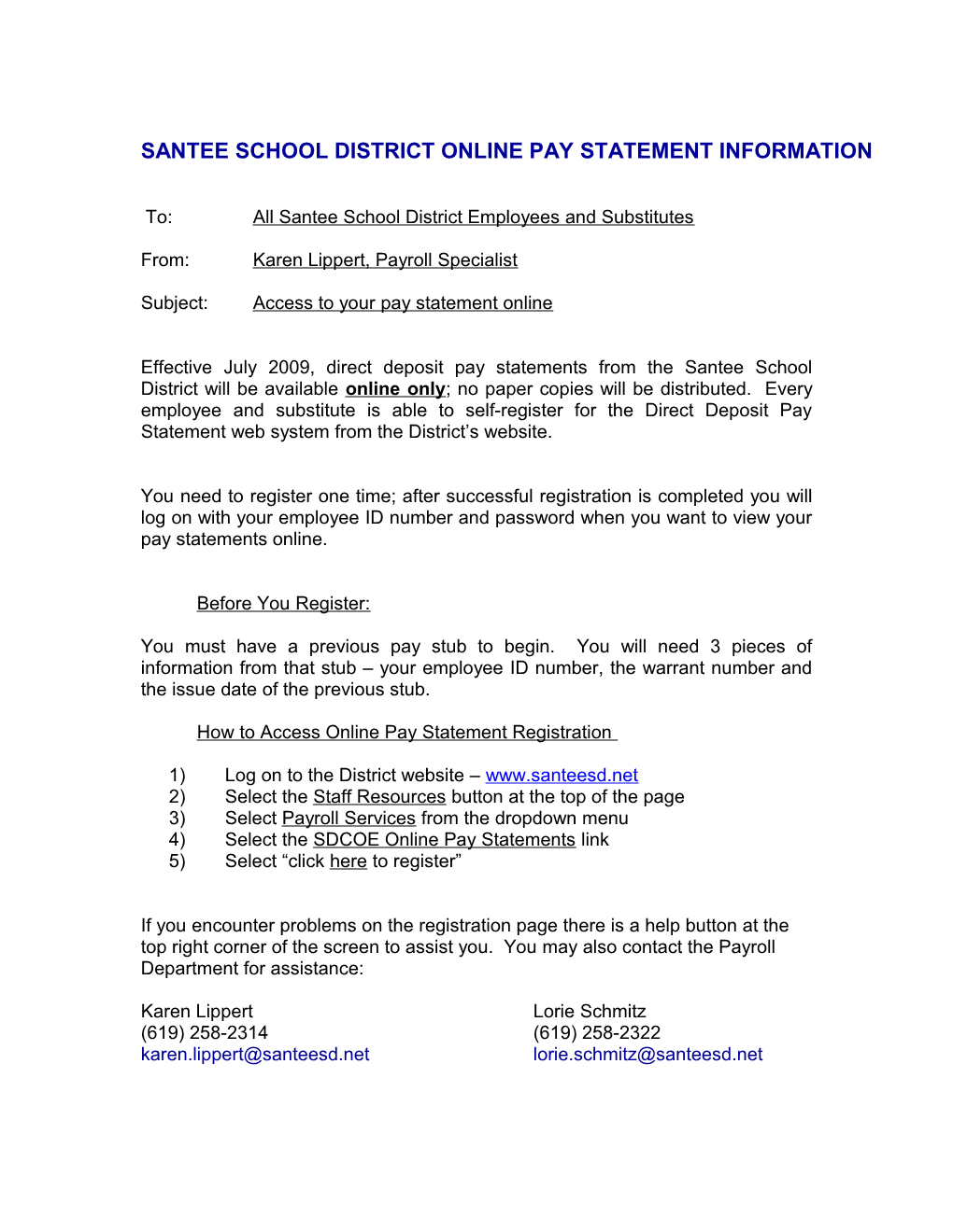 Santee School District Online Pay Stub Information