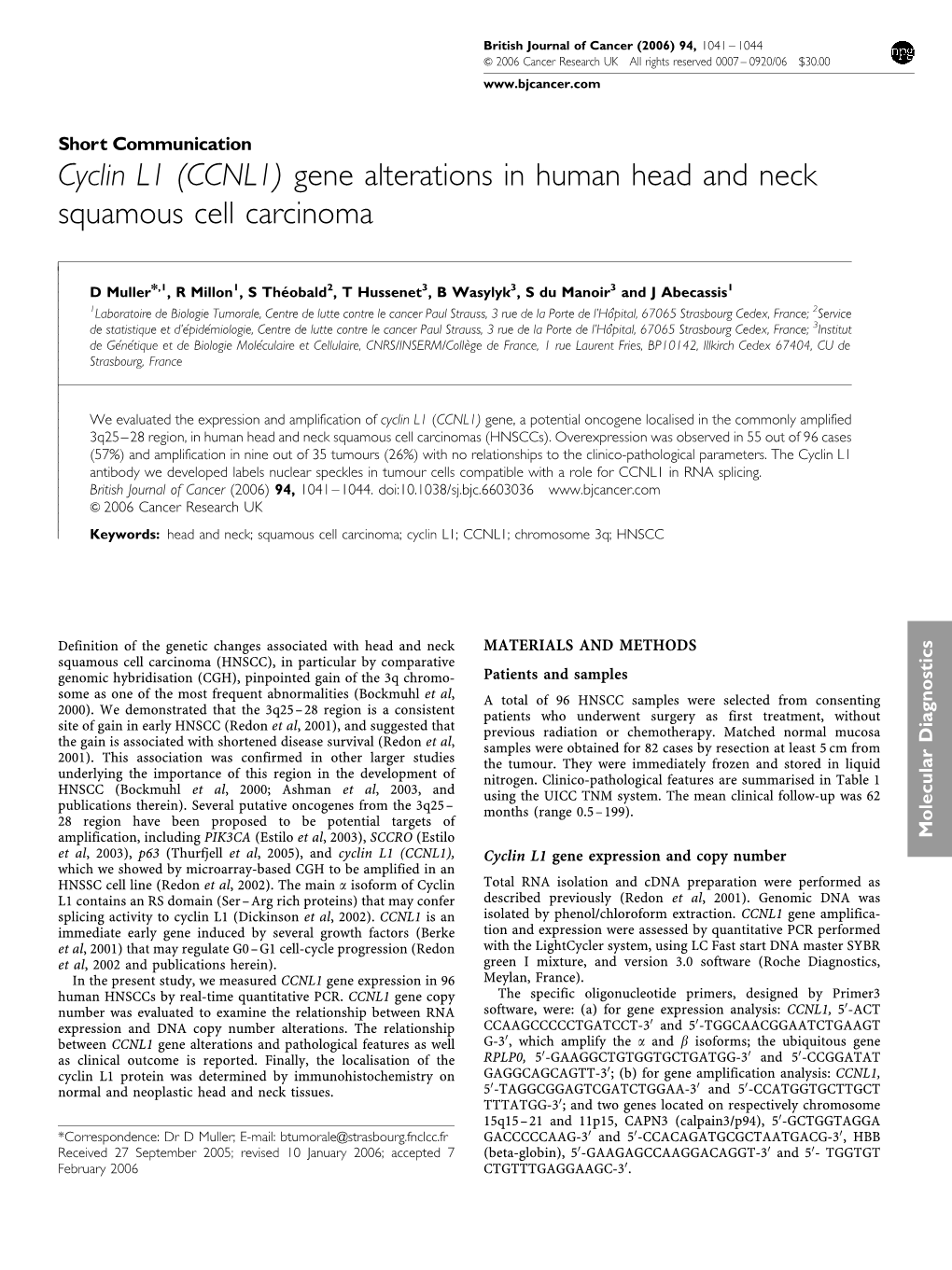 (CCNL1) Gene Alterations in Human Head and Neck Squamous Cell Carcinoma