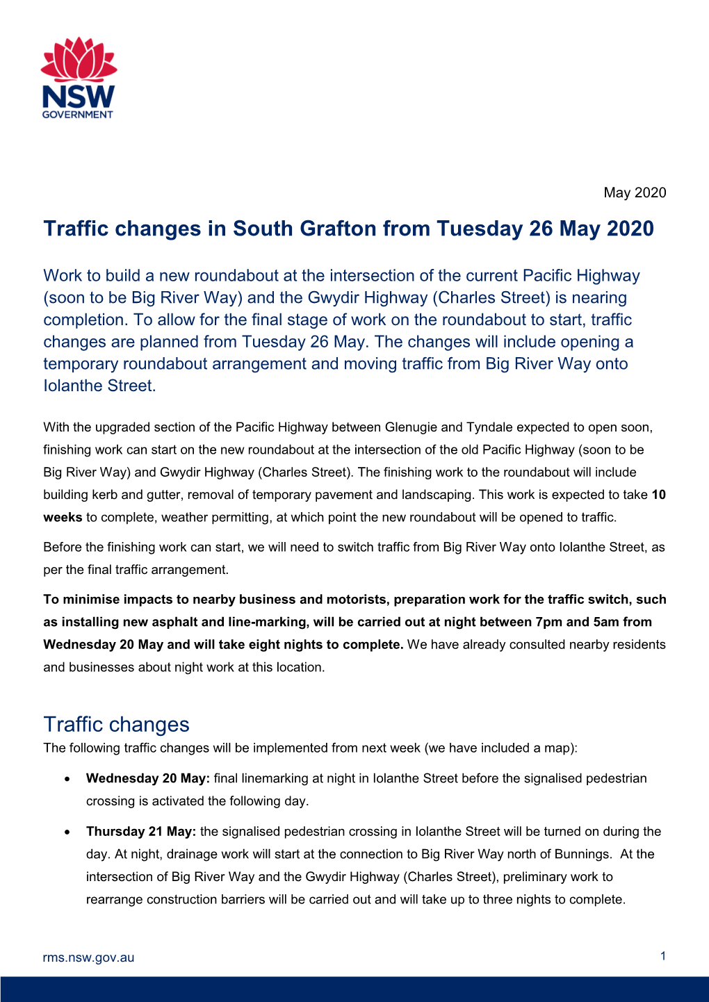 Traffic Changes in South Grafton from Tuesday 26 May 2020