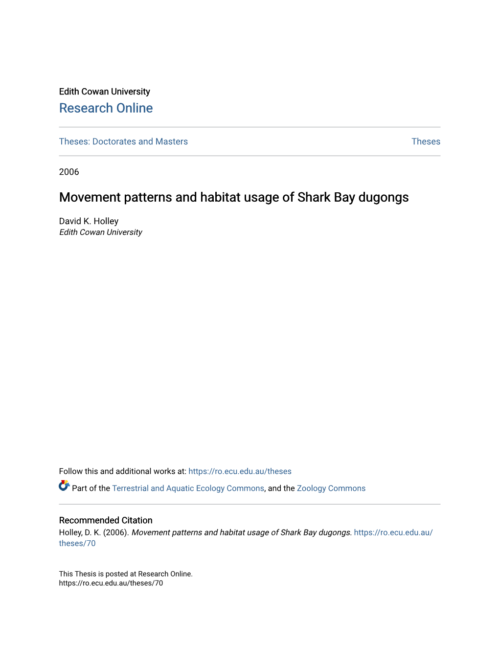 Movement Patterns and Habitat Usage of Shark Bay Dugongs