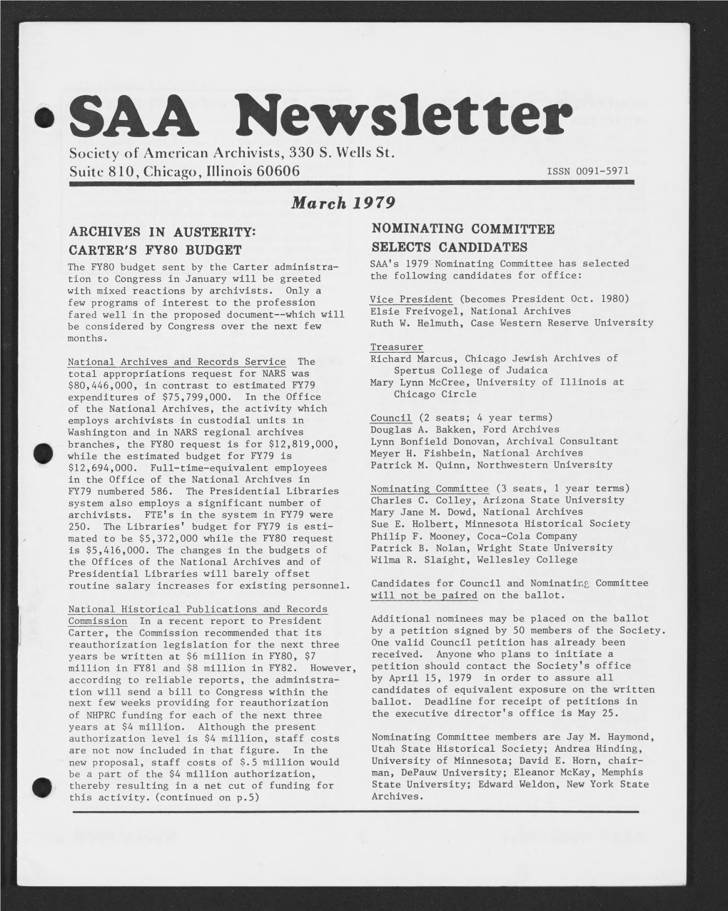 SAA Newsletter Society of American Archivists, 330 S