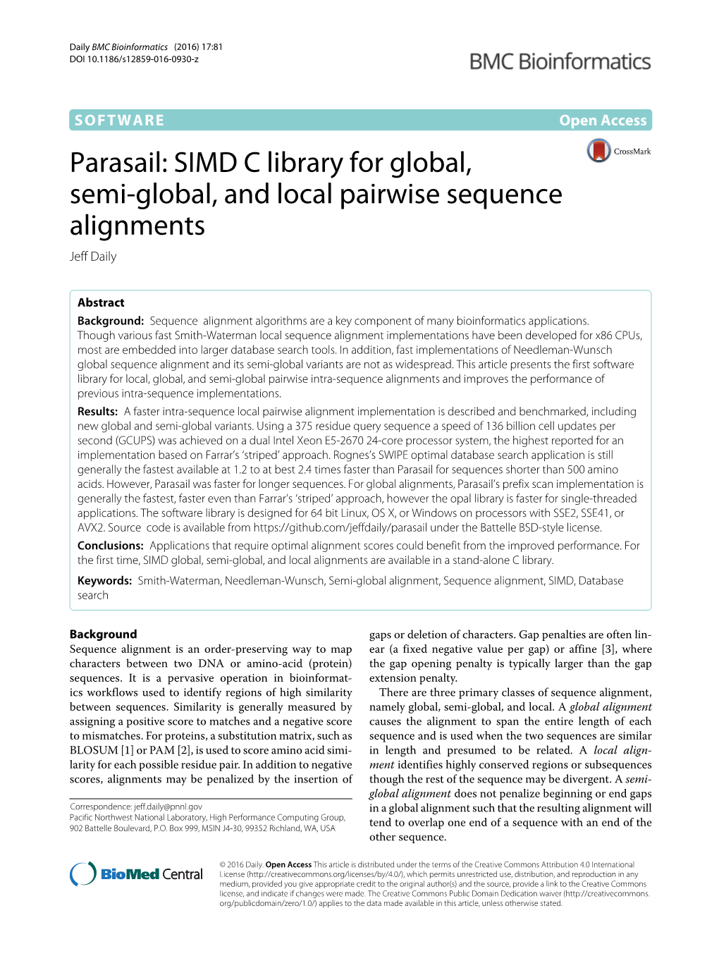 Parasail: SIMD C Library for Global, Semi-Global, and Local Pairwise Sequence Alignments Jeff Daily