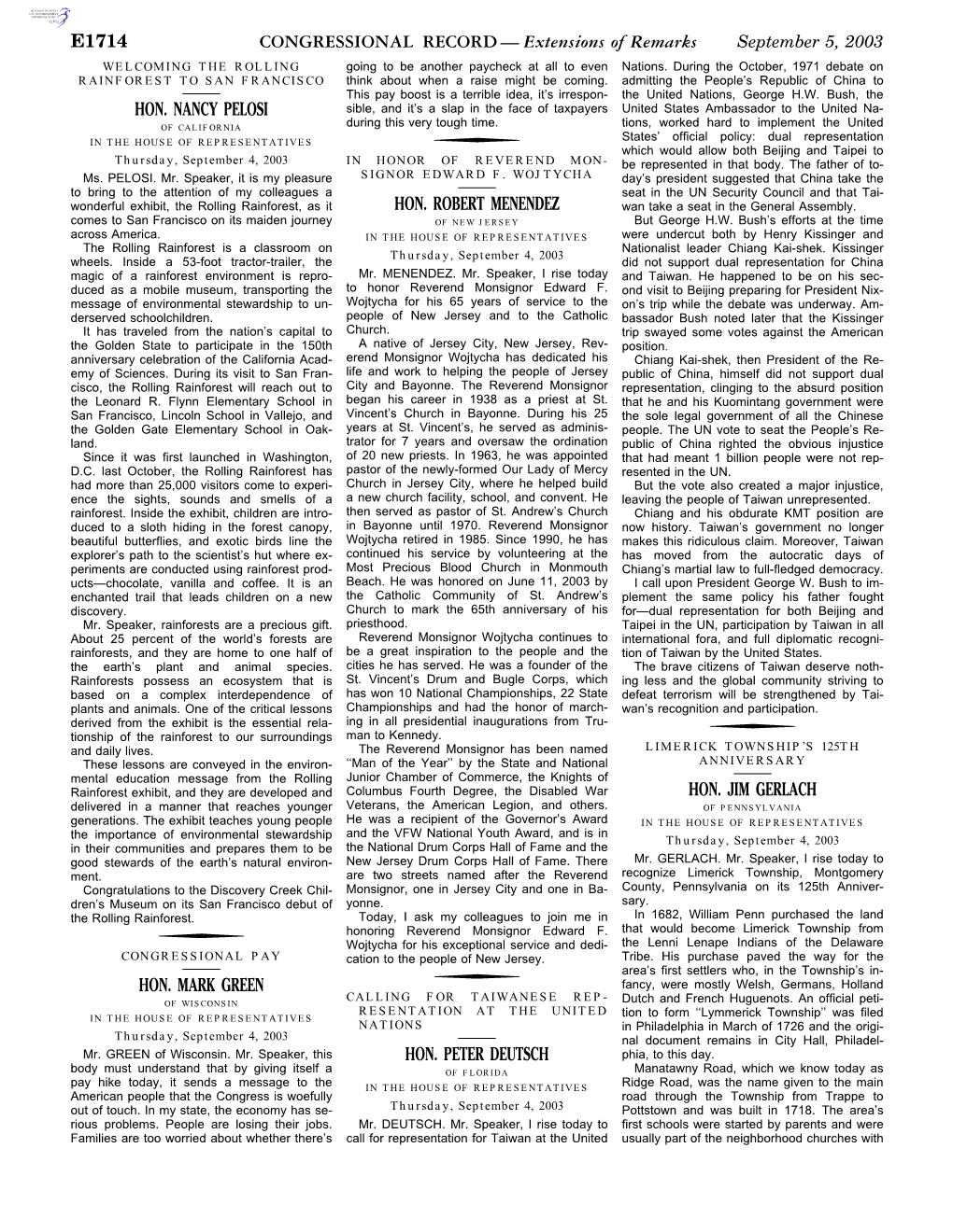 CONGRESSIONAL RECORD— Extensions of Remarks E1714 HON. NANCY PELOSI HON. MARK GREEN HON. ROBERT MENENDEZ HON. PETER DEUTSCH HO