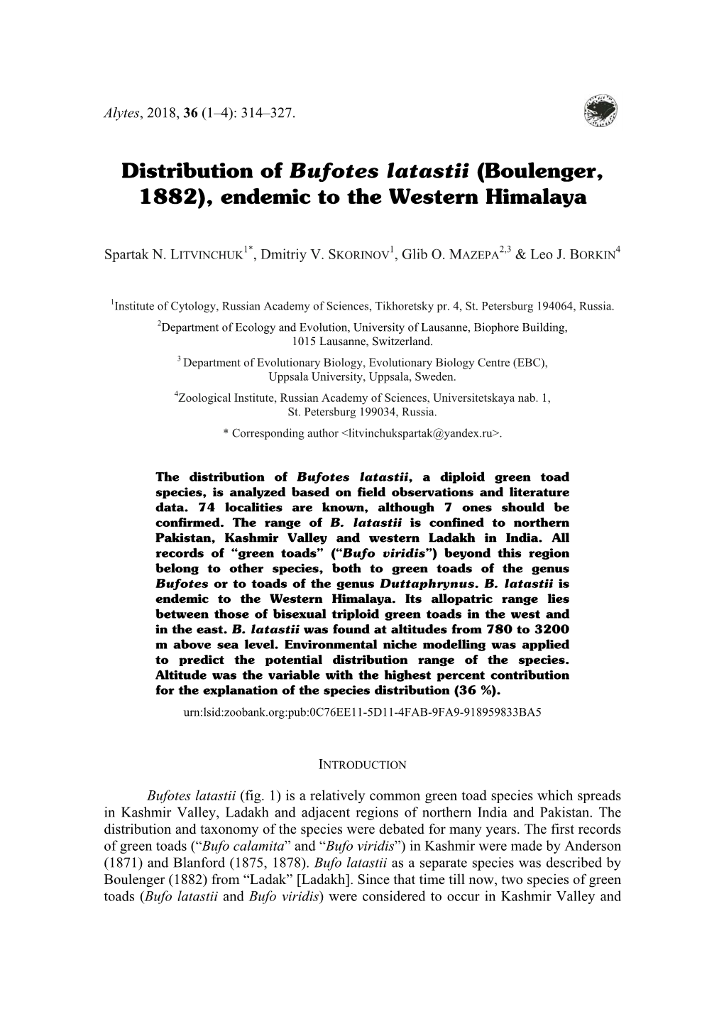 Distribution of Bufotes Latastii (Boulenger, 1882), Endemic to the Western Himalaya