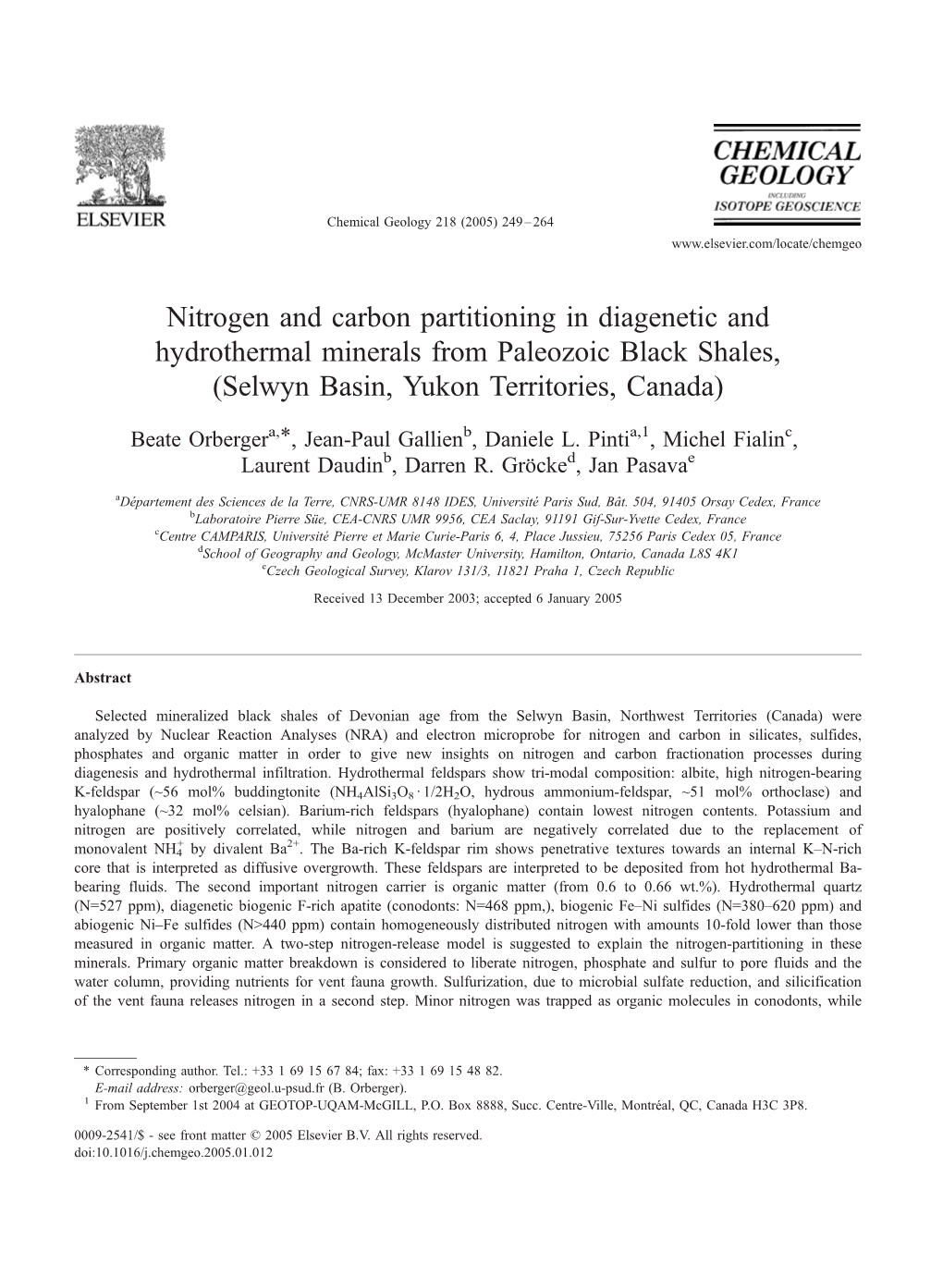 Nitrogen and Carbon Partitioning in Diagenetic and Hydrothermal Minerals from Paleozoic Black Shales, (Selwyn Basin, Yukon Territories, Canada)