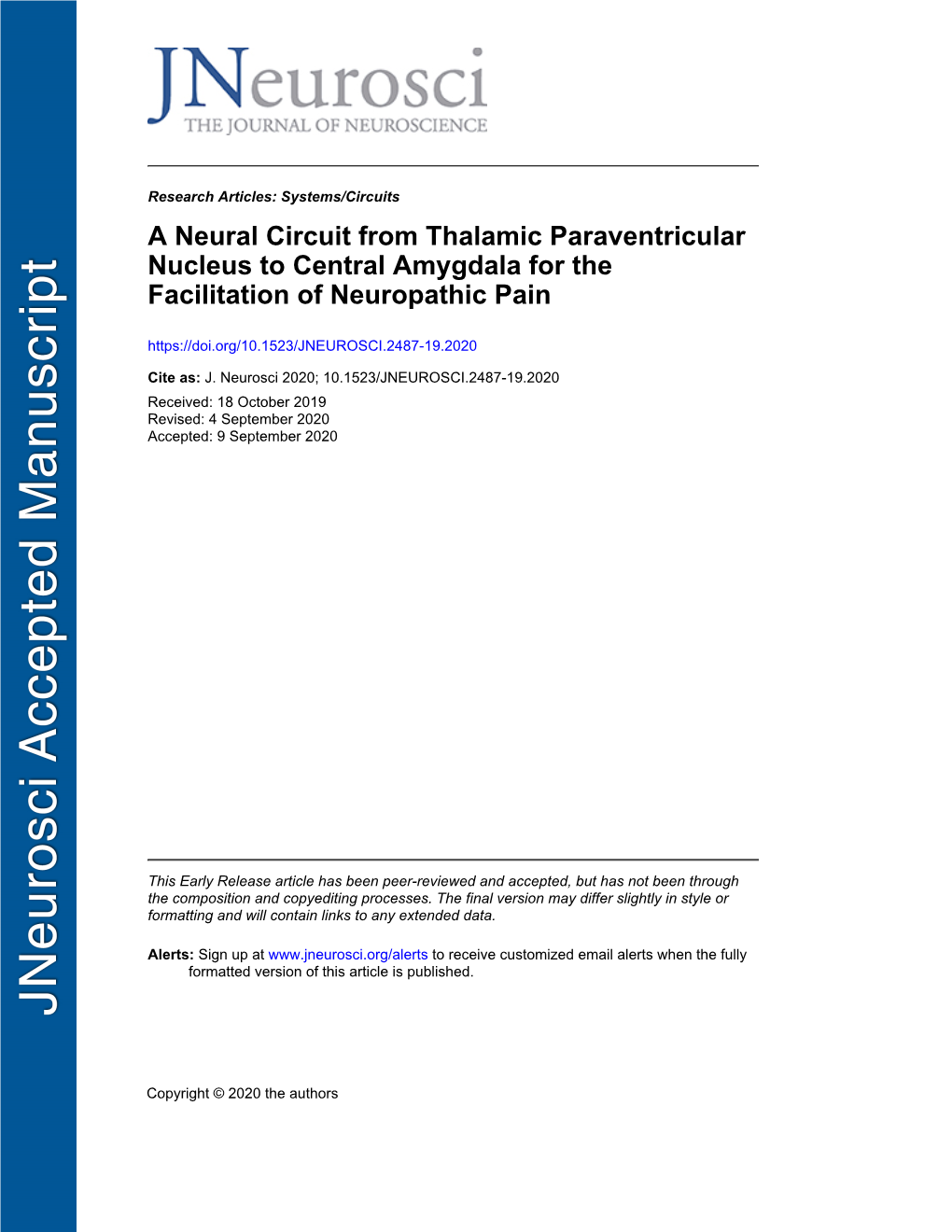 A Neural Circuit from Thalamic Paraventricular Nucleus to Central Amygdala for the Facilitation of Neuropathic Pain