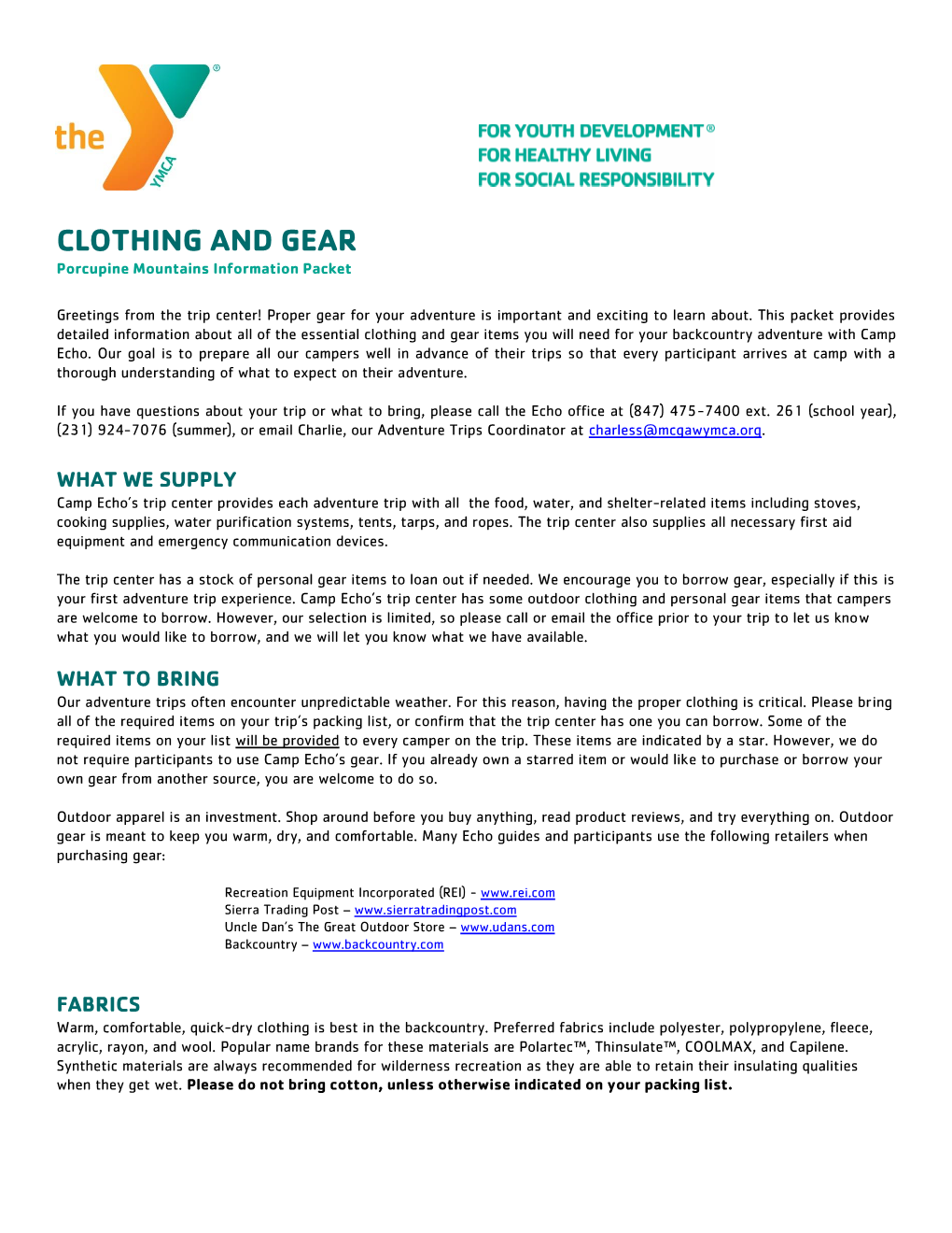 CLOTHING and GEAR Porcupine Mountains Information Packet