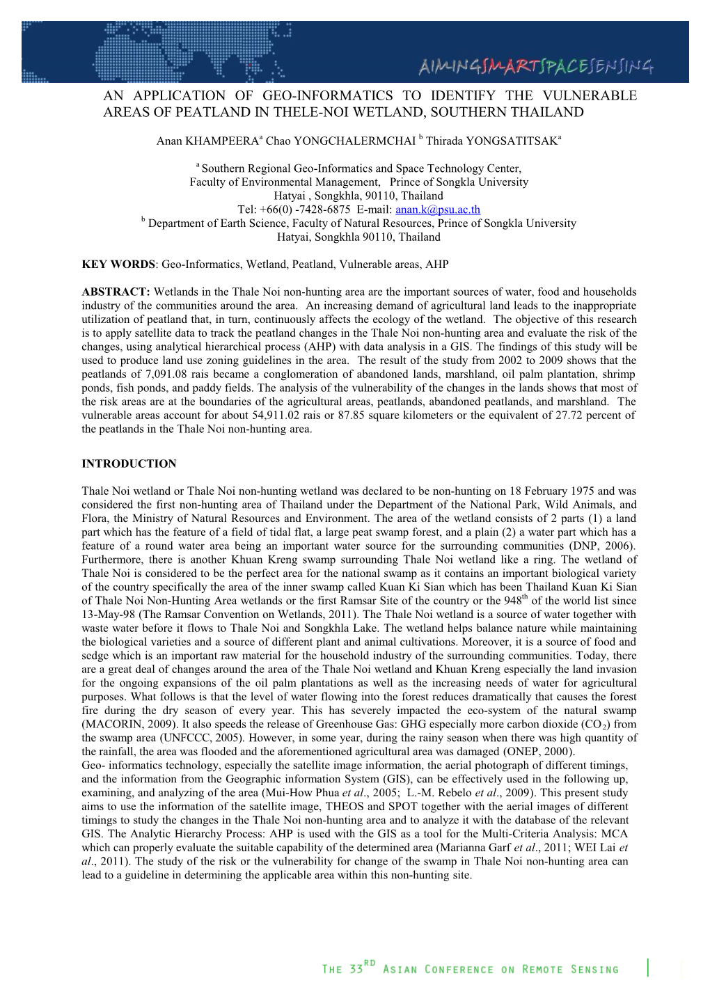 An Application of Geo-Informatics to Identify the Vulnerable Areas of Peatland in Thele-Noi Wetland, Southern Thailand