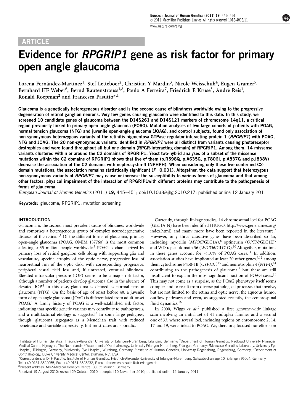 Evidence for RPGRIP1 Gene As Risk Factor for Primary Open Angle Glaucoma