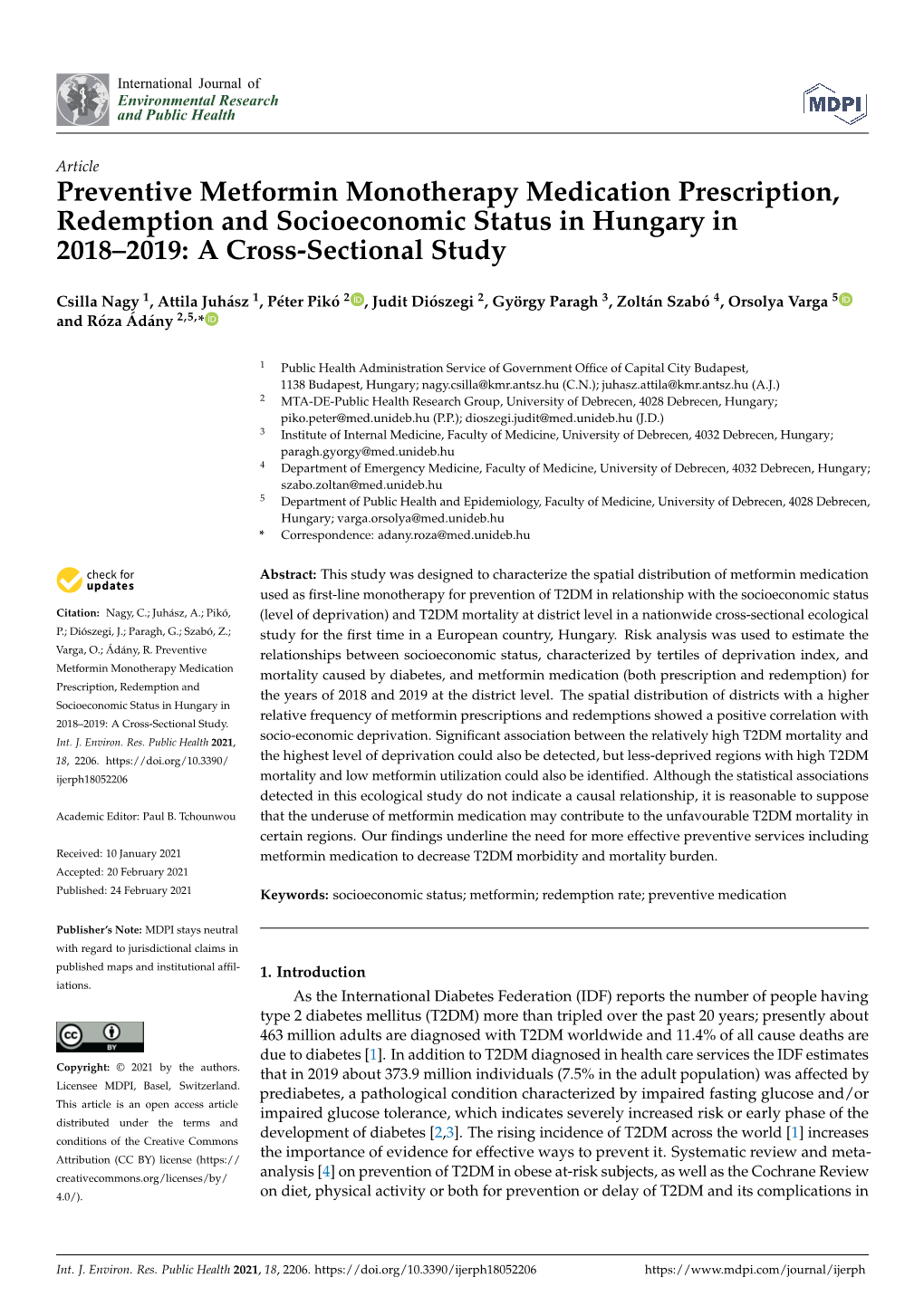 Preventive Metformin Monotherapy Medication Prescription, Redemption and Socioeconomic Status in Hungary in 2018–2019: a Cross-Sectional Study