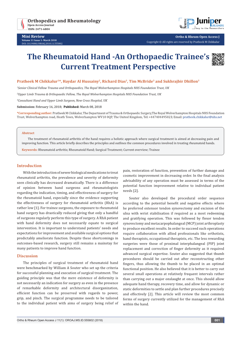 The Rheumatoid Hand -An Orthopaedic Trainee’S Current Treatment Perspective