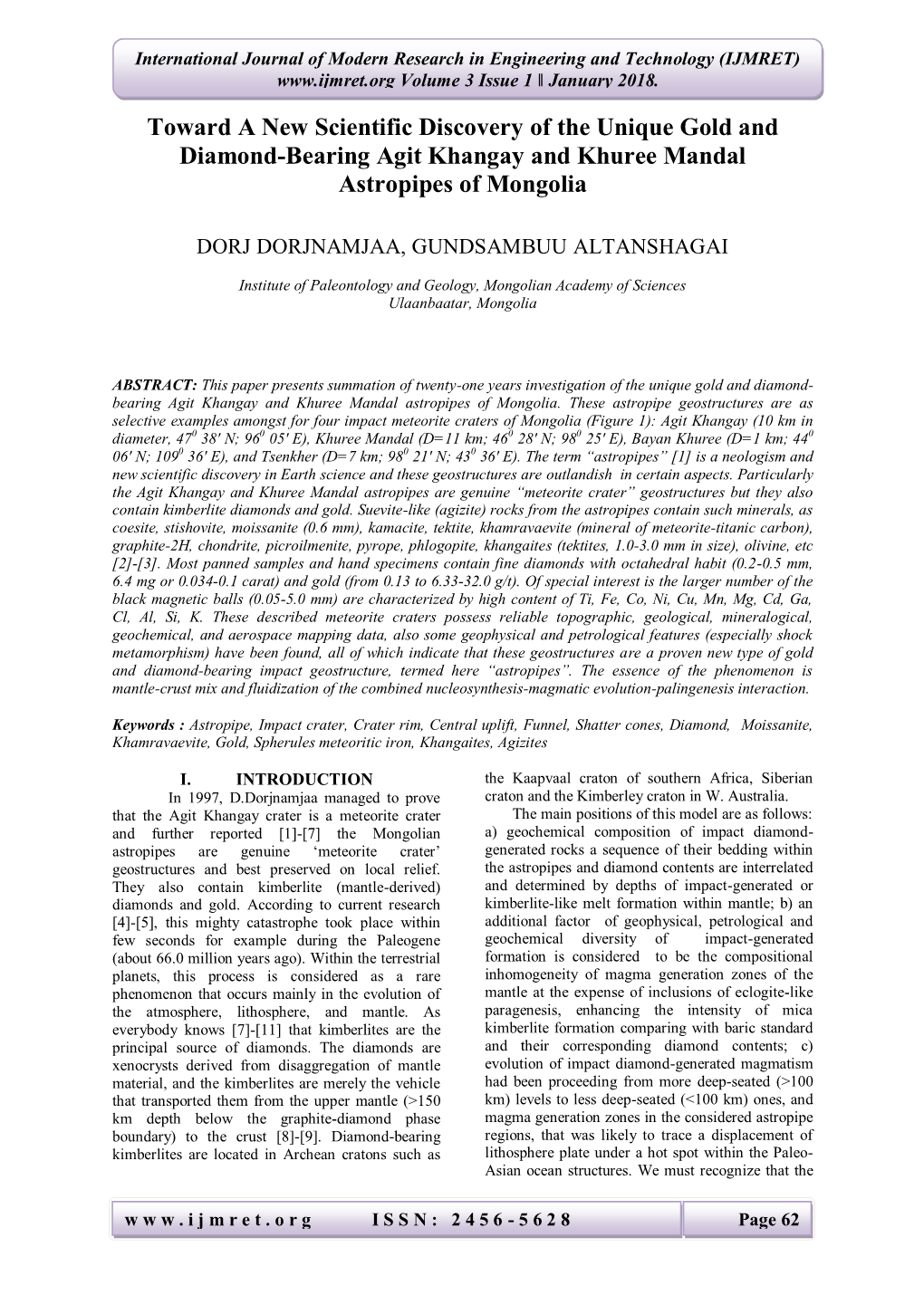 Toward a New Scientific Discovery of the Unique Gold and Diamond-Bearing Agit Khangay and Khuree Mandal Astropipes of Mongolia