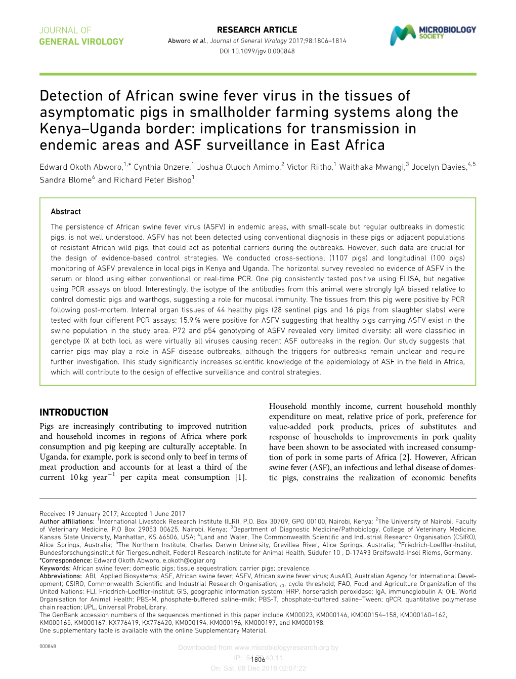 Detection of African Swine Fever Virus in the Tissues of Asymptomatic Pigs