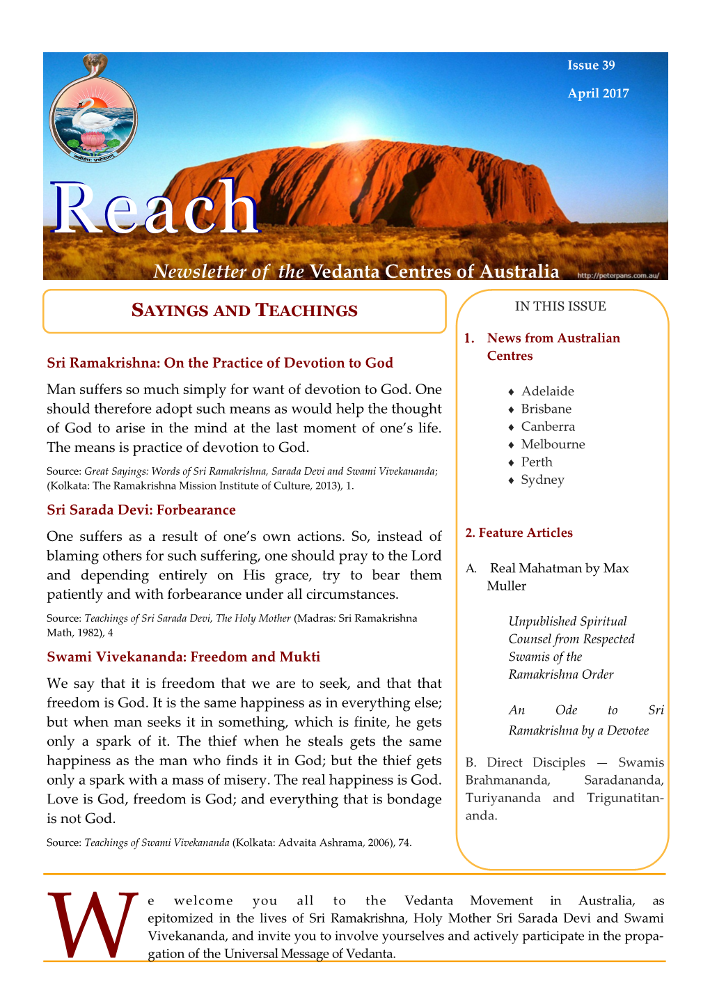 Reachreach Newsletter of the Vedanta Centres of Australia