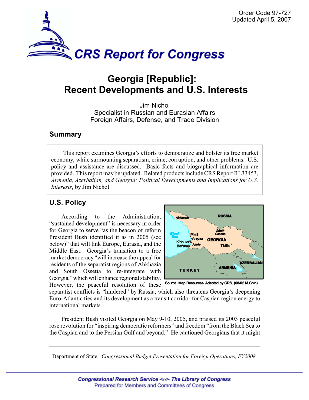 Georgia [Republic]: Recent Developments and U.S